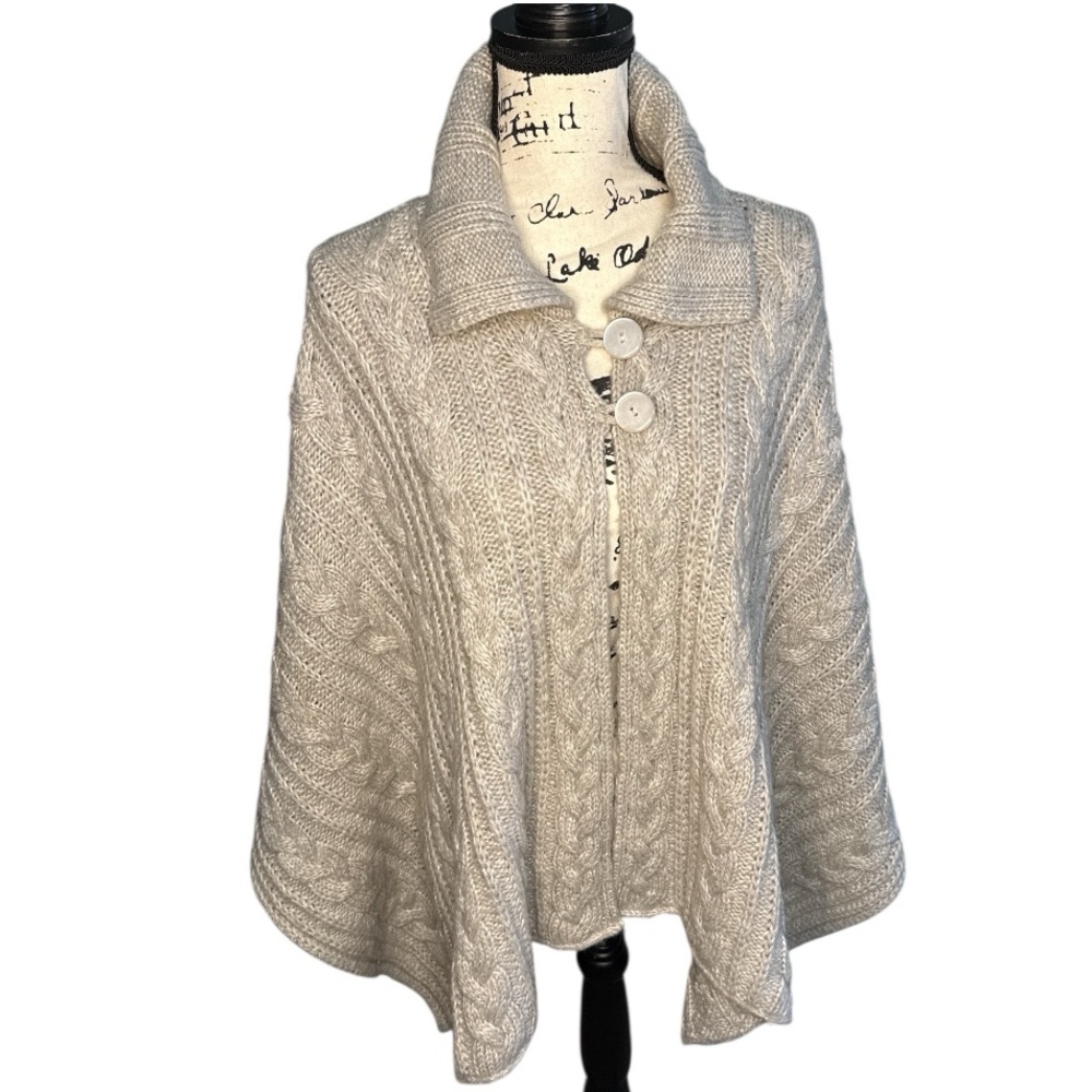 Talbots Cable Knit Sweater Collared Open Front Poncho Wrap Shawl One Size Gray